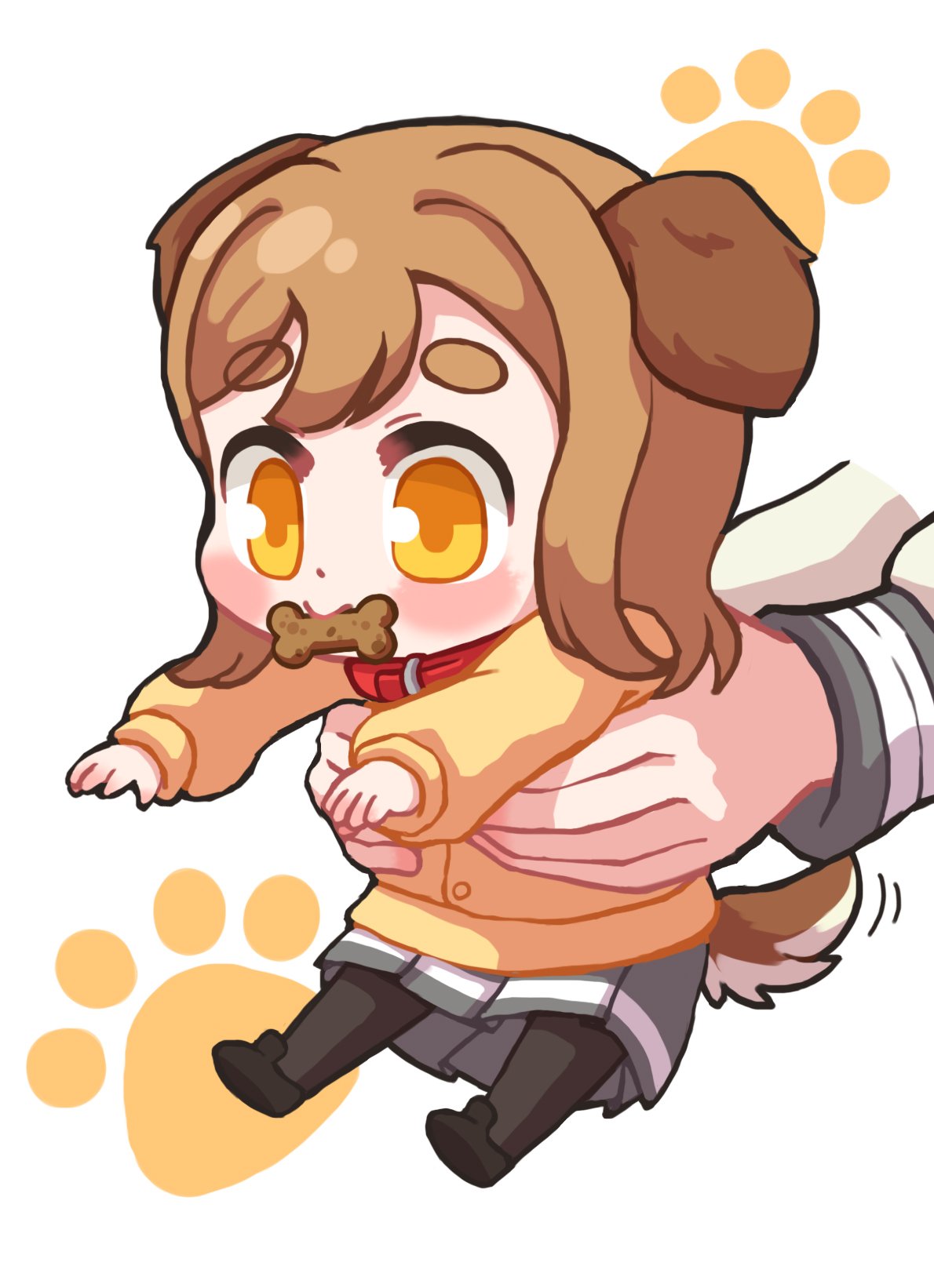 animal_ears bangs black_footwear black_legwear blush brown_hair dodapan dog_biscuit dog_ears dog_tail highres holding holding_person kemonomimi_mode kunikida_hanamaru long_hair long_sleeves love_live! love_live!_sunshine!! minigirl mouth_hold multiple_girls pantyhose paw_print pleated_skirt red_collar shoes skirt solo_focus tail tail_wagging thick_eyebrows yellow_cardigan yellow_eyes