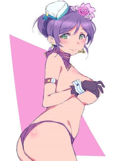armband ass blush bow breasts covering covering_breasts deyuuku earrings flower from_side gloves green_eyes hair_bun hat headset jewelry large_breasts looking_at_viewer love_live! love_live!_school_idol_festival love_live!_school_idol_project panties pink_flower purple_bow purple_gloves purple_hair purple_panties smile solo topless toujou_nozomi underwear wrist_cuffs