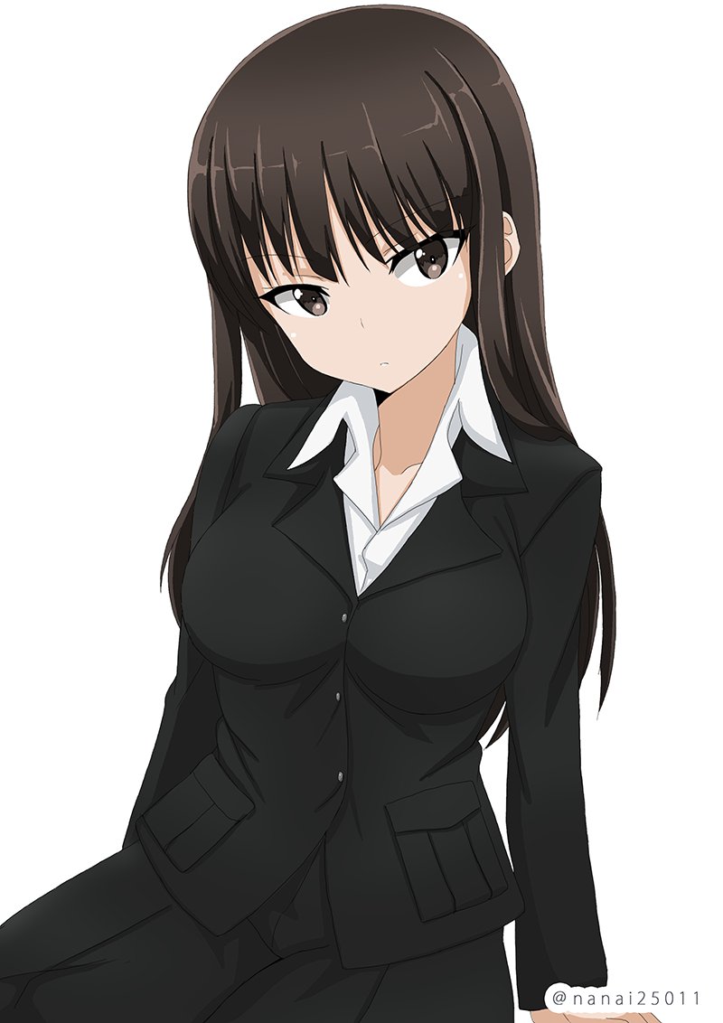 arm_support bangs black_jacket black_pants blunt_bangs closed_mouth collared_shirt commentary_request eyebrows_visible_through_hair formal girls_und_panzer jacket leaning_to_the_side light_frown long_hair long_sleeves looking_at_viewer mature nishizumi_shiho pant_suit pants shibagami shirt simple_background sitting solo straight_hair suit twitter_username white_background white_shirt