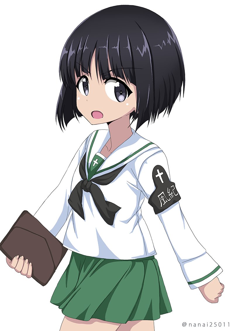 angry armband bangs black_eyes black_hair black_neckwear blouse blunt_bangs bob_cut clenched_hand commentary cowboy_shot eyebrows_visible_through_hair folder frown girls_und_panzer green_skirt holding long_sleeves looking_at_viewer miniskirt neckerchief ooarai_school_uniform open_mouth pleated_skirt school_uniform serafuku shibagami short_hair simple_background skirt solo sono_midoriko standing twitter_username white_background white_blouse
