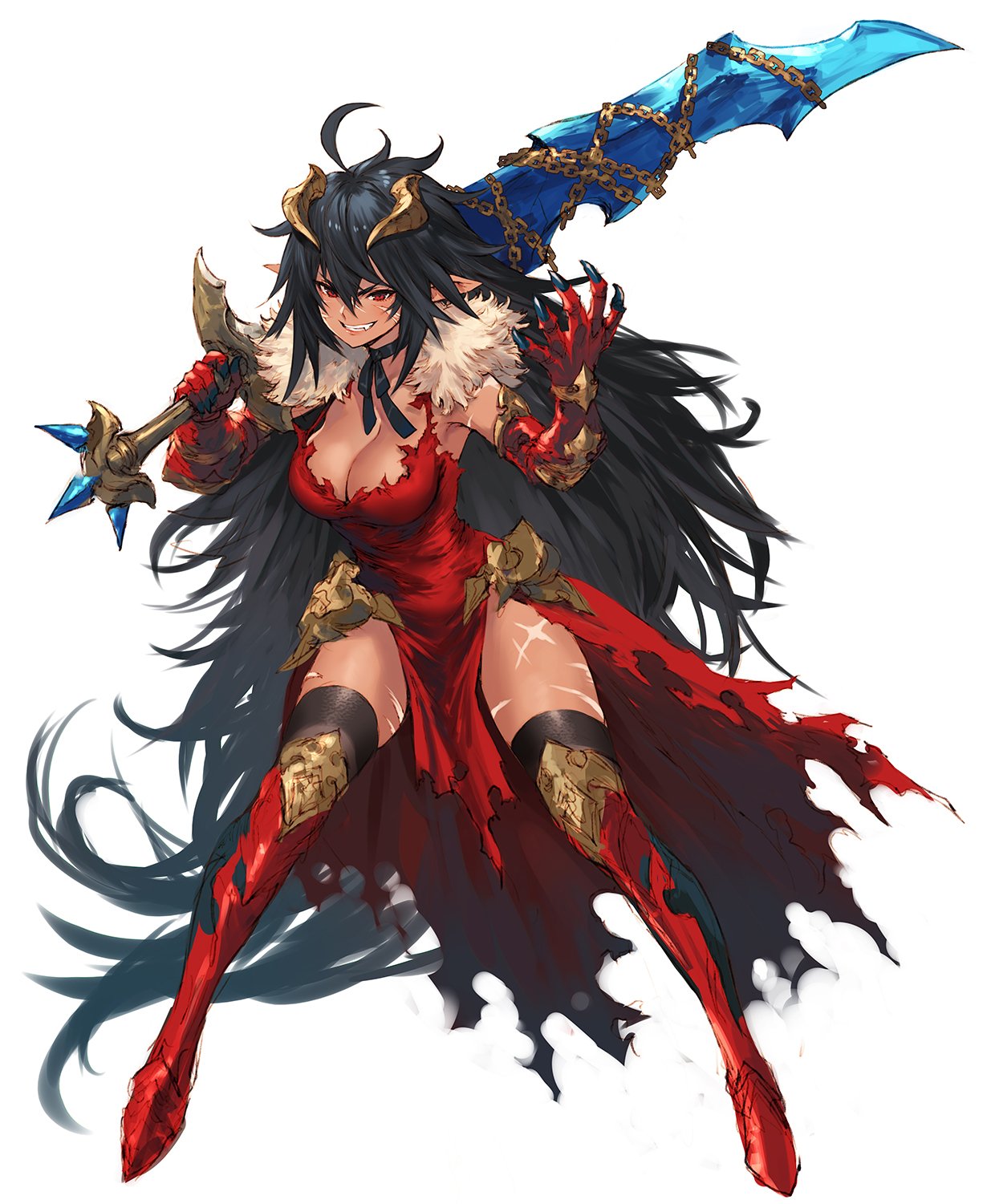 absurdly_long_hair black_hair black_legwear bow bowtie breasts chain claws cleavage commentary_request dark_skin dress elbow_gloves facial_scar fang full_body fur_trim gloves highres holding holding_sword holding_weapon horns large_breasts lips long_hair makimura_shunsuke original over_shoulder parted_lips pelvic_curtain pointy_ears red_dress red_eyes red_gloves scar scar_on_cheek sidelocks simple_background sleeveless smile solo sword thighhighs very_long_hair weapon weapon_over_shoulder white_background