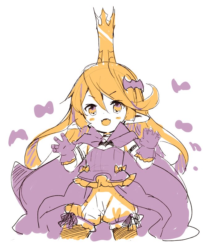 :d bangs bat_hair_ornament blonde_hair bloomers cape charlotta_fenia claw_pose commentary_request cowboy_shot crown eyebrows_visible_through_hair fangs gloves granblue_fantasy hair_between_eyes hair_ornament hands_up harvin long_hair meito_(maze) mini_crown open_mouth pointy_ears purple_cape purple_gloves simple_background sketch smile solo underwear v-shaped_eyebrows white_background yellow_eyes
