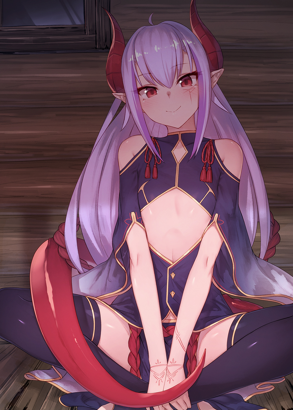 bare_shoulders black_legwear breasts butterfly_sitting commentary_request eyebrows_visible_through_hair eyes_visible_through_hair facial_mark hair_between_eyes head_tilt highres horns ibuki_notsu long_hair looking_at_viewer melusine_(ibuki_notsu) original pelvic_curtain pointy_ears purple_hair red_eyes sitting small_breasts smile solo thighhighs v_arms wide_sleeves wooden_floor wooden_wall