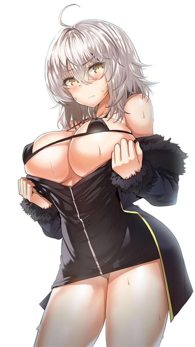 ahoge bangs bare_shoulders bikini bikini_under_clothes black_dress black_jacket blush breasts coat commentary covered_nipples cowboy_shot dress eyebrows_visible_through_hair fate/grand_order fate_(series) from_below full-length_zipper fur-trimmed_coat fur-trimmed_jacket fur-trimmed_sleeves fur_trim hair_between_eyes highres jacket jeanne_d'arc_(alter)_(fate) jeanne_d'arc_(fate)_(all) large_breasts lhu_(barappra1) looking_at_viewer micro_bikini short_dress short_hair sideboob silver_hair solo swimsuit symbol_commentary thighs tsurime underboob unzipped wicked_dragon_witch_ver._shinjuku_1999 yellow_eyes zipper
