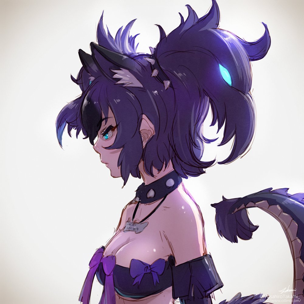 animal_ears bare_shoulders beltbra black_hair blue_eyes blue_hair bow breasts cerberus_(kemono_friends) cleavage collar collarbone commentary_request dog_ears elbow_gloves extra_ears eyebrows_visible_through_hair gloves kemono_friends lizard_tail multicolored_hair name_tag profile purple_hair short_hair sleeveless solo spiked_collar spikes tail takami_masahiro twintails upper_body