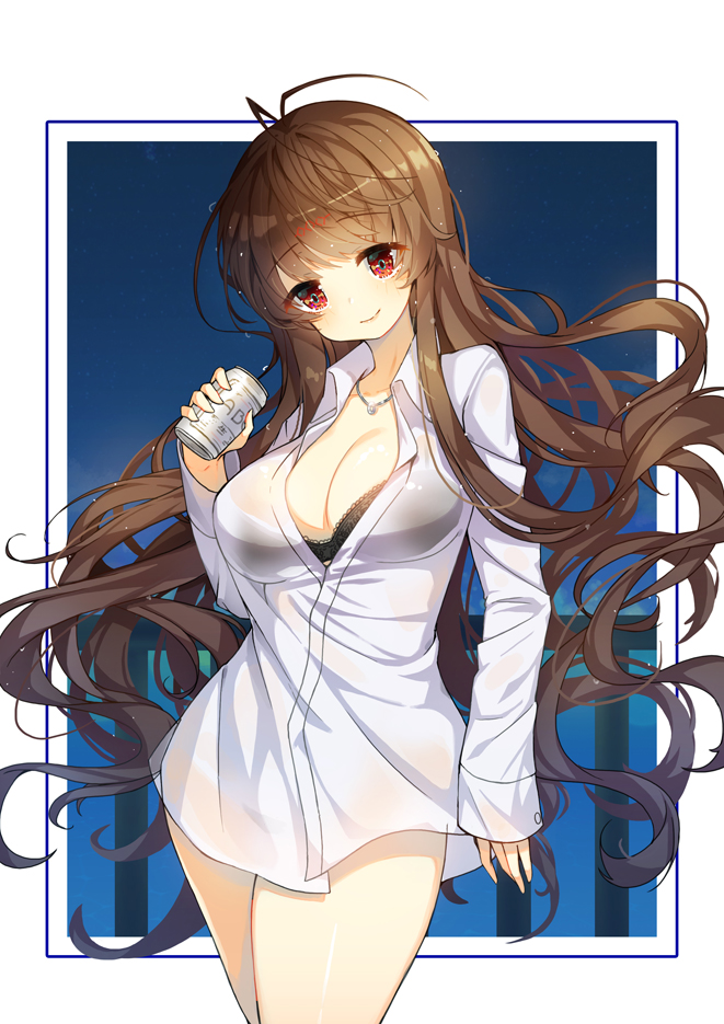 beer_can black_bra blush bra breasts brown_hair can cleavage closed_mouth cloud collared_shirt commentary_request cowboy_shot dress_shirt dsr-50_(girls_frontline) girls_frontline head_tilt holding holding_can jewelry large_breasts long_hair long_sleeves night night_sky pendant railing red_eyes see-through_silhouette shirt sky sleeves_past_wrists smile solo standing tp_(kido_94) underwear very_long_hair white_background white_shirt