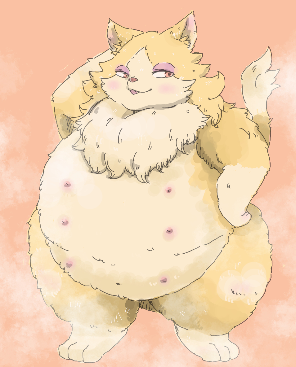 2018 belly big_belly blush brown_nose cat cute_fangs feline female full-length_portrait fur half-closed_eyes hand_on_hip kemonoduki makeup mammal multi_nipple nipples open_mouth overweight overweight_female portrait pose semi-anthro slightly_chubby solo thick_thighs tuft yellow_fur