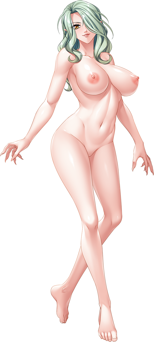 barefoot breasts fingernails full_body green_hair hair_over_one_eye highres kagami_hirotaka large_breasts long_hair navel nipples non-web_source nude official_art pointy_ears sharp_fingernails slit_pupils snake_lady solo taimanin_(series) taimanin_asagi_zero transparent_background yellow_eyes