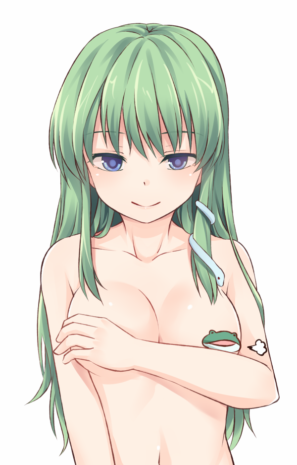 =3 bangs blue_eyes breasts censored collarbone commentary_request covering covering_breasts eyebrows_visible_through_hair frog green_hair hair_ornament kochiya_sanae long_hair looking_at_viewer medium_breasts miyo_(ranthath) navel nipple_censor novelty_censor nude sidelocks simple_background smile snake_hair_ornament solo stomach touhou upper_body white_background