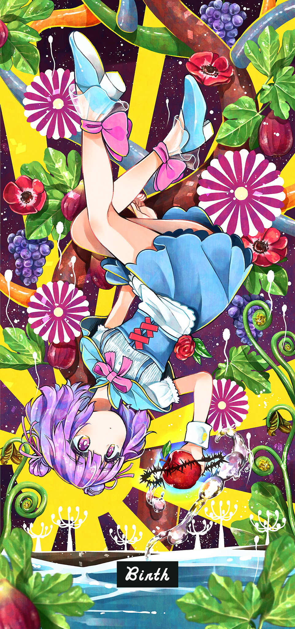 blue_dress blue_footwear blue_stripes bow bowtie breasts commentary_request cum double_bun dress eyebrows_visible_through_hair flower flower_request food fruit full_body grapes hair_ribbon high_heels highres holding holding_food holding_fruit leaf original pink_bow pink_ribbon puffy_short_sleeves puffy_sleeves purple_eyes purple_hair rainys_bill red_apple red_flower red_rose ribbon rose shirt short_hair short_sleeves small_breasts solo striped striped_shirt sunburst underbust vertical-striped_shirt vertical_stripes water white_shirt