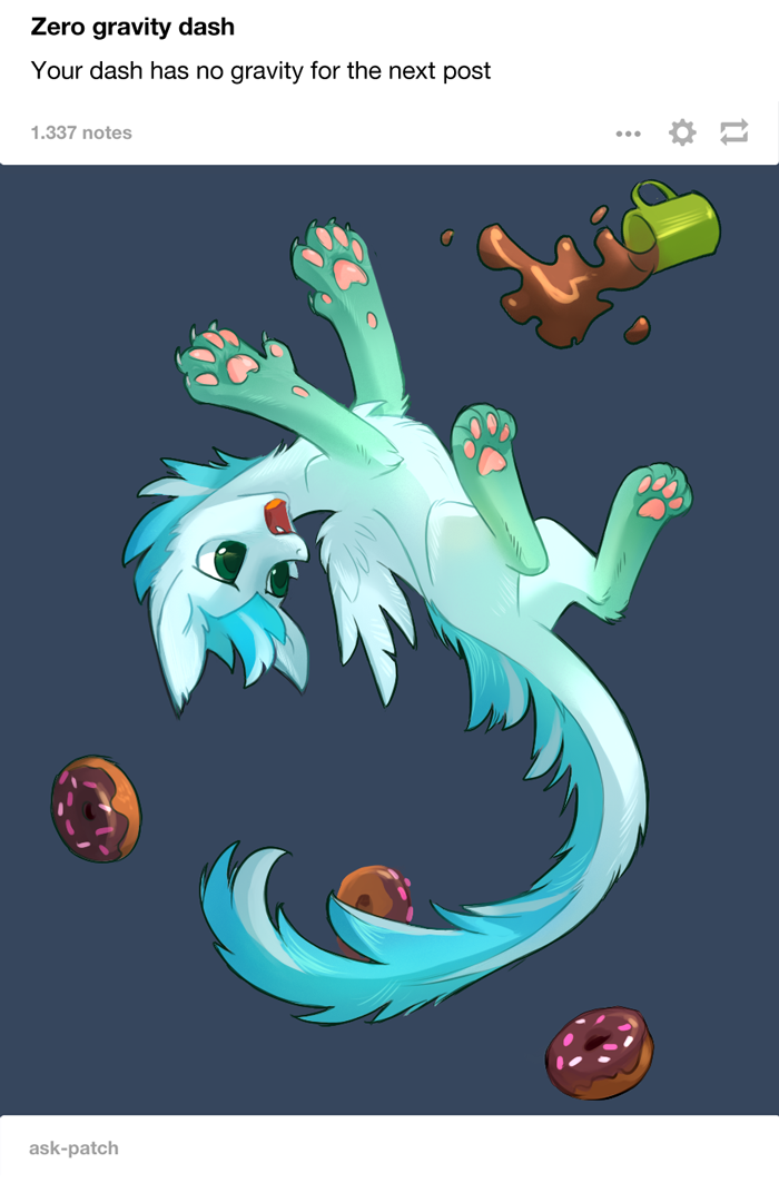 ambiguous_gender asphagnum beverage blue_hair cup doughnut dragon english_text feral food fur green_eyes hair open_mouth patch_(ask-patch) solo text tumblr wings
