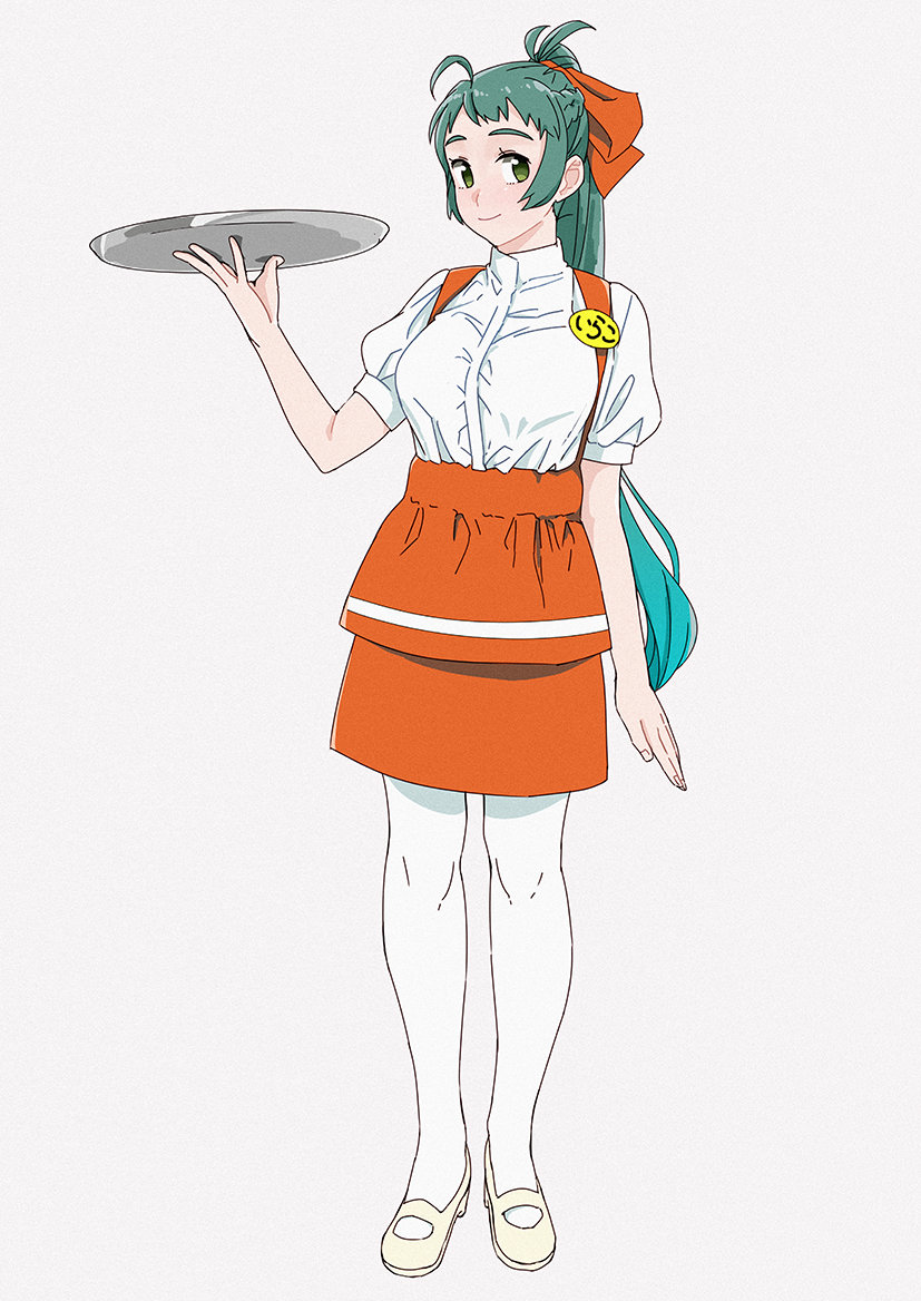 alternate_costume anna_miller apron bangs bow breasts closed_mouth commentary_request eyebrows film_grain forehead full_body green_eyes green_hair grey_background hair_bow holding holding_tray irako_(kantai_collection) kantai_collection knees large_breasts long_hair looking_at_viewer mary_janes name_tag ojipon orange_apron orange_bow orange_skirt outstretched_wrists pantyhose ponytail puffy_short_sleeves puffy_sleeves shirt_tucked_in shoes short_bangs short_sleeves simple_background single_horizontal_stripe skirt smile solo spread_fingers standing tray very_long_hair waitress white_footwear white_legwear