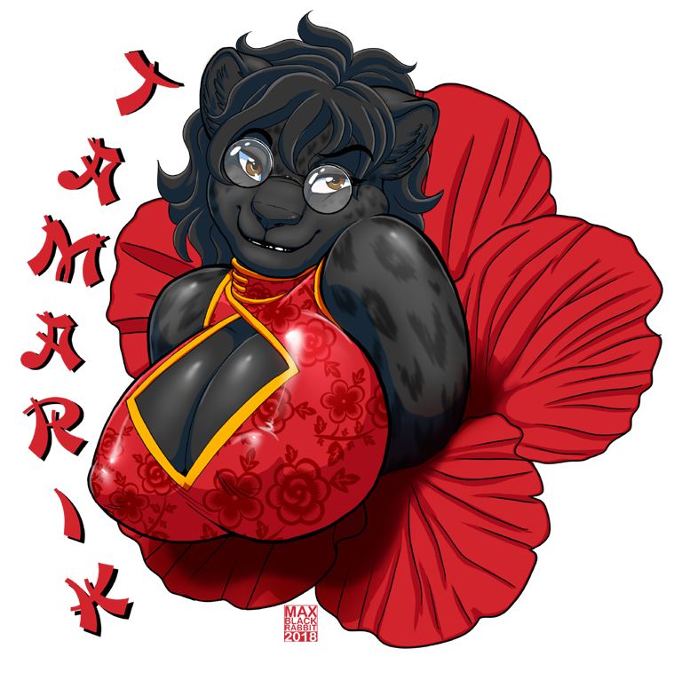 2018 alpha_channel anthro big_breasts black_fur black_hair breasts brown_eyes bust_portrait chinese_clothing chinese_dress cleavage cleavage_cutout clothed clothing dress feline female fur hair looking_at_viewer mammal max_blackrabbit nipple_bulge panther portrait simple_background smile solo spots spotted_fur tamarik transparent_background