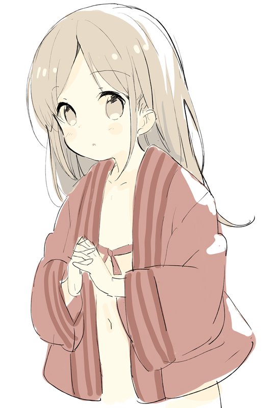 :o bangs blush brown_eyes brown_hair commentary_request eyebrows_visible_through_hair forehead haori interlocked_fingers japanese_clothes long_hair long_sleeves looking_at_viewer meito_(maze) navel original out-of-frame_censoring own_hands_together parted_bangs parted_lips simple_background sketch solo white_background wide_sleeves