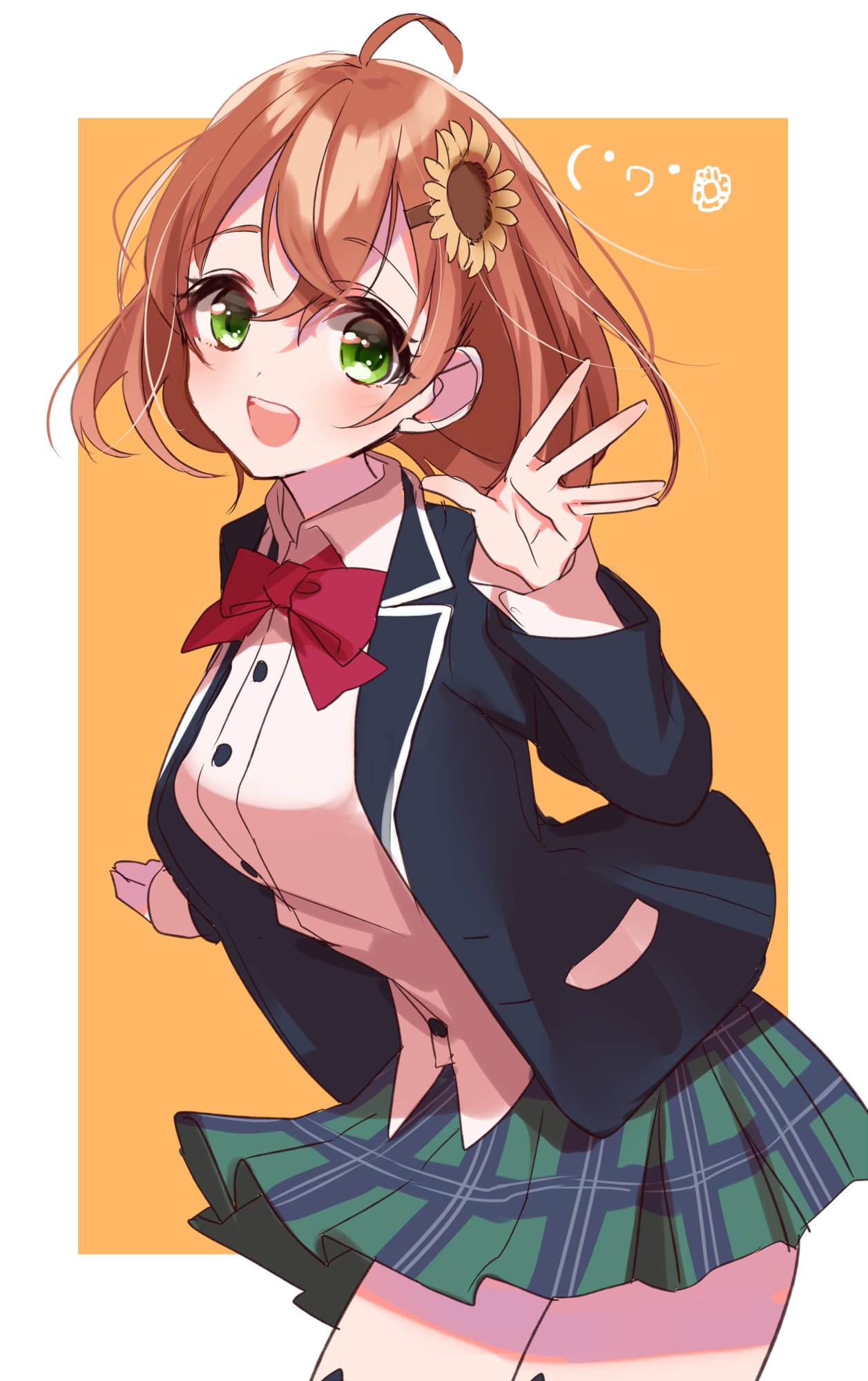 :d ahoge black_jacket blazer blush border brown_hair cowboy_shot green_eyes green_skirt highres honma_himawari jacket long_sleeves looking_at_viewer misumi_(macaroni) nijisanji open_mouth orange_background plaid plaid_skirt school_uniform short_hair simple_background skirt smile solo virtual_youtuber waving white_border