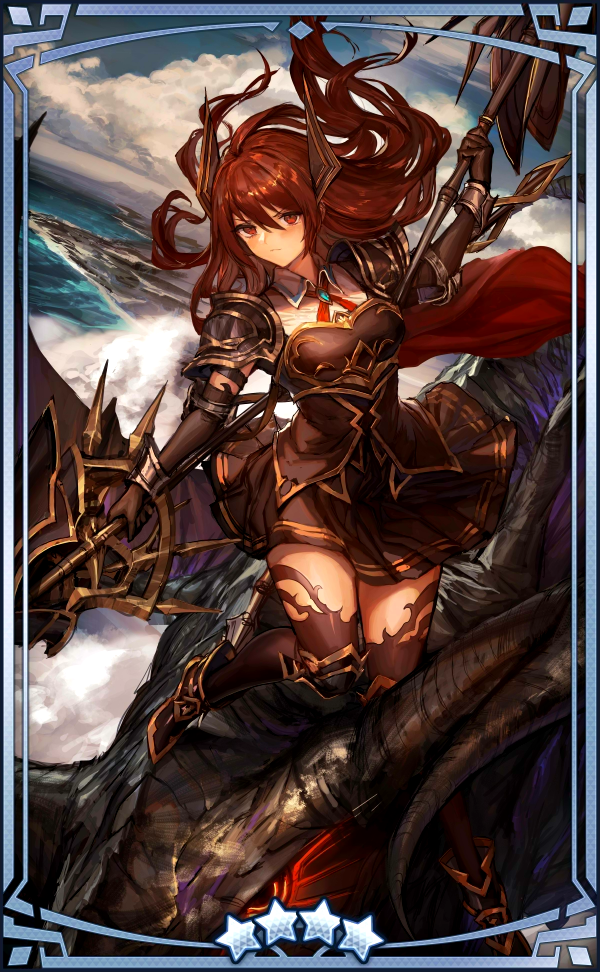 1girl ahoge armor armored_boots ascot black_armor black_gloves black_legwear blush boots breastplate brown_eyes brown_hair cape dragalia_lost dragon dual_wielding forte_(shingeki_no_bahamut) gloves granblue_fantasy holding horns lance long_hair nintendo pleated_skirt polearm shadowverse shingeki_no_bahamut shoulder_armor skirt thighhighs weapon