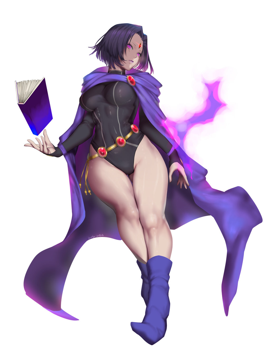1girl ass_visible_through_thighs aura belt black_hair black_leotard book boots breasts bridal_gauntlets brooch cape commentary dc_comics eyelashes floating_book forehead_jewel full_body gem head_tilt highres jewelry kumiko_shiba leotard looking_at_viewer loose_belt medium_breasts open_book pink_eyes pointy_shoes pursed_lips raven_(dc) shiny shiny_skin shoes short_hair skin_tight solo teen_titans thigh_gap thighs white_background