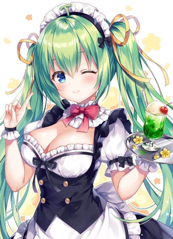 ;) blue_eyes bow bowtie cherry commentary_request cup drinking_glass eyebrows_visible_through_hair flower food fruit green_hair holding holding_tray ice_cream ice_cream_float index_finger_raised long_hair looking_at_viewer maid maid_headdress melon-chan melonbooks mitsuba_choco one_eye_closed petals smile solo tray twintails