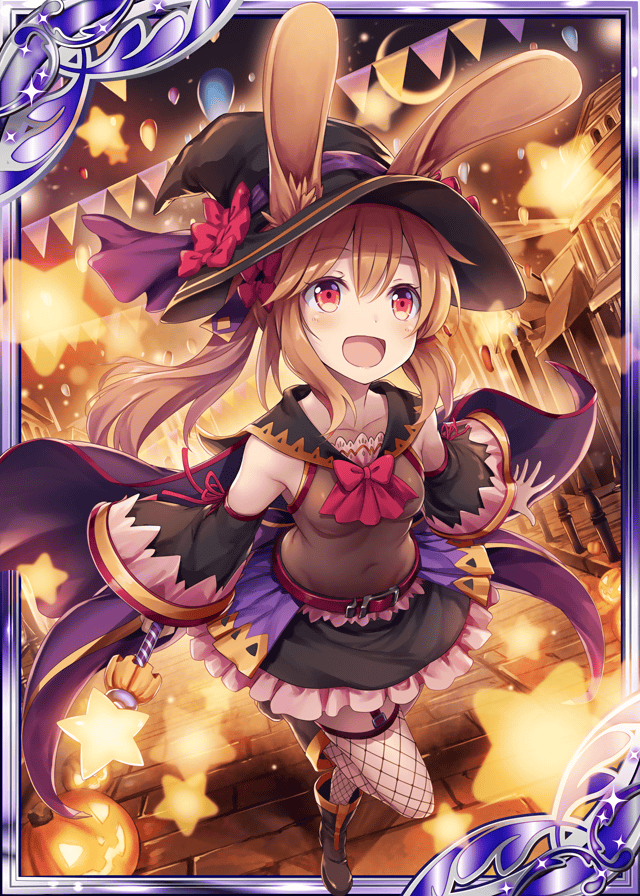 :d akkijin animal_ears balloon blonde_hair boots breasts bunny_ears card_(medium) crescent_moon fishnets frills hair_ornament hair_ribbon halloween halloween_costume hat hat_ribbon looking_to_the_side moon night night_sky official_art open_mouth pumpkin red_eyes red_ribbon ribbon shinkai_no_valkyrie sky small_breasts smile star thighhighs witch witch_hat