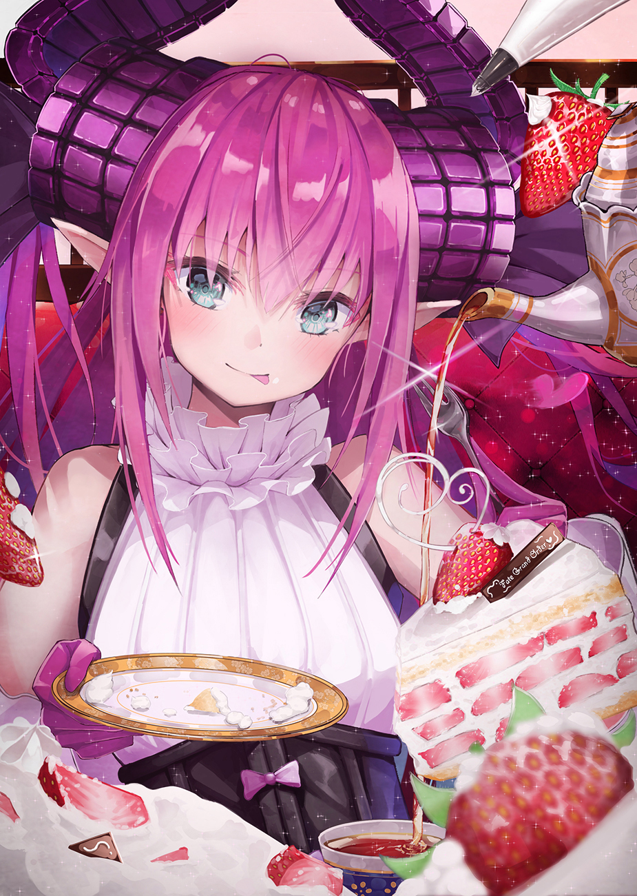 :p bangs blue_eyes blurry blush cake copyright_name cream cream_on_face cup curled_horns depth_of_field dragon_horns elizabeth_bathory_(fate) elizabeth_bathory_(fate)_(all) eyebrows_visible_through_hair fate/extra fate/extra_ccc fate/grand_order fate_(series) food food_on_face fork fruit gloves head_tilt heart highres holding holding_fork holding_plate horns long_hair looking_at_viewer pink_hair plate pointy_ears pot-palm pouring sleeveless slice_of_cake smile solo strawberry strawberry_shortcake tea teacup teapot tongue tongue_out upper_body