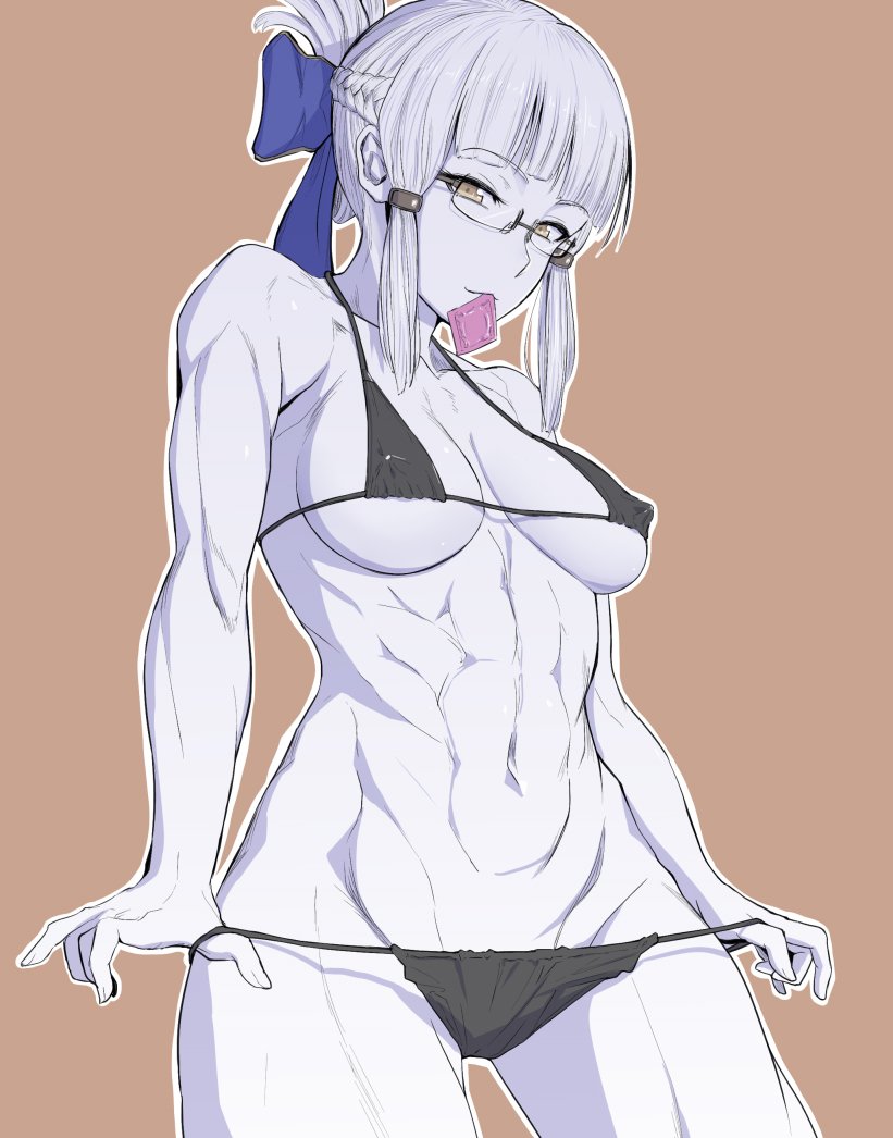 1girl abs anegawa_eiji bangs bikini black_bikini blunt_bangs bow braid breasts brown_background condom condom_in_mouth condom_wrapper cowboy_shot erect_nipples erect_nipples_under_clothes fate/grand_order fate_(series) glasses hair_bow looking_at_viewer medium_breasts mouth_hold muscle pale_skin penthesilea_(fate/grand_order) sidelocks simple_background solo swimsuit toned undressing yellow_eyes