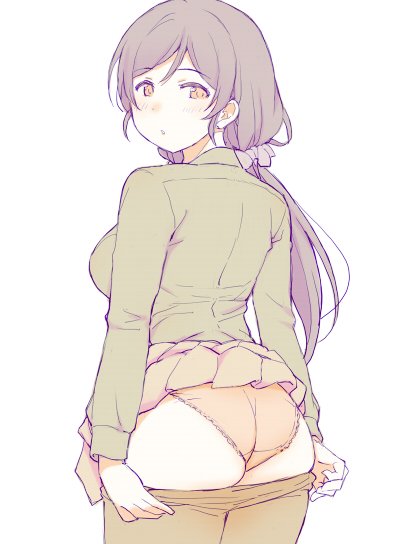 ass black_legwear blush breasts deyuuku green_shirt hair_ornament hair_scrunchie long_hair long_sleeves looking_back love_live! love_live!_school_idol_project muted_color panties pantyhose pantyhose_pull pleated_skirt purple_hair purple_scrunchie scrunchie shirt simple_background skirt skirt_lift solo toujou_nozomi twintails underwear white_background