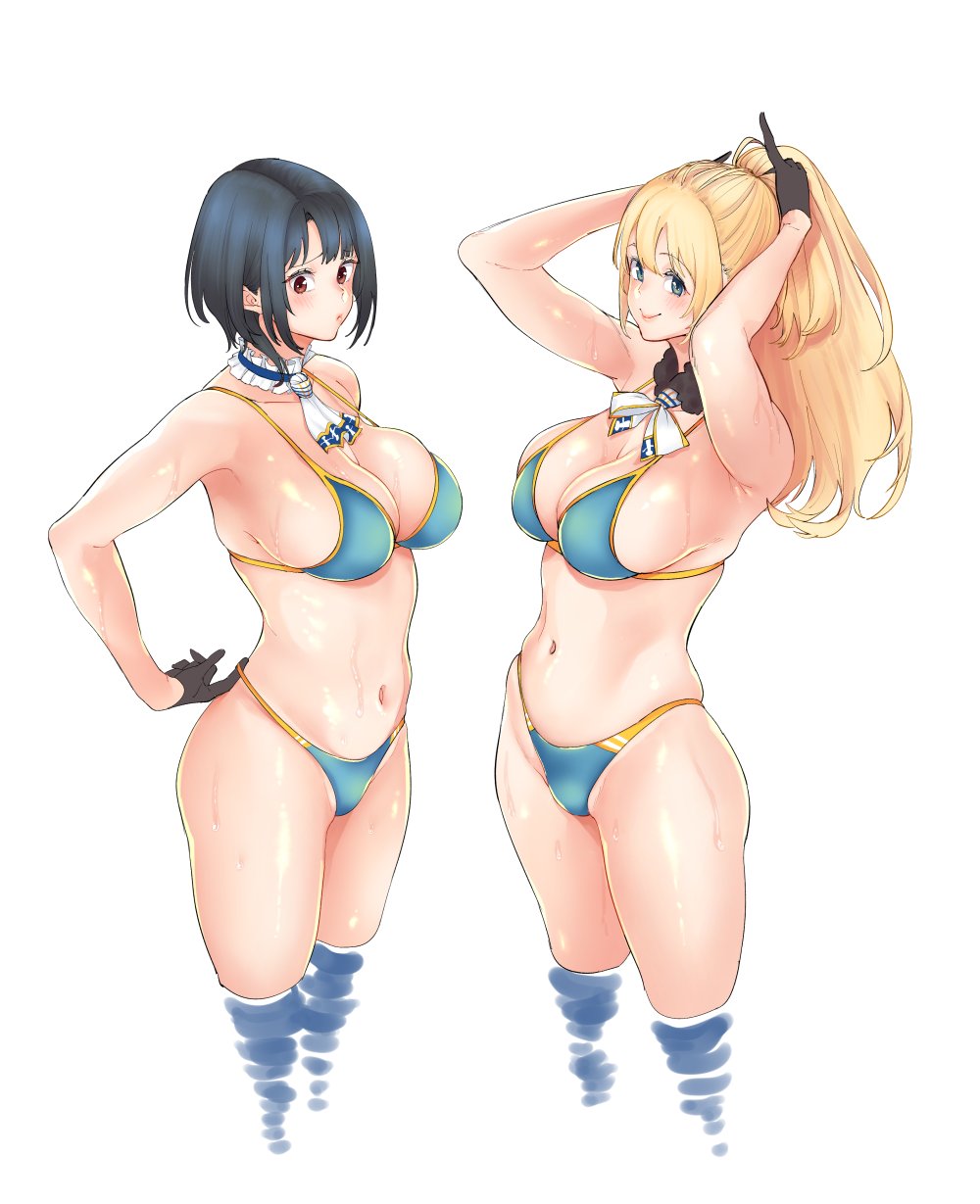 adjusting_clothes adjusting_swimsuit arms_behind_head ascot atago_(kantai_collection) bangs bikini black_hair black_legwear blonde_hair blue_bikini blue_eyes bow bowtie breasts choker cleavage closed_mouth commentary_request eyebrows_visible_through_hair frilled_choker frills frown highres kantai_collection large_breasts long_hair looking_at_viewer multiple_girls navel ponytail red_eyes smile sowitchraw_(cellphiena) swimsuit takao_(kantai_collection) wading wet white_background white_neckwear