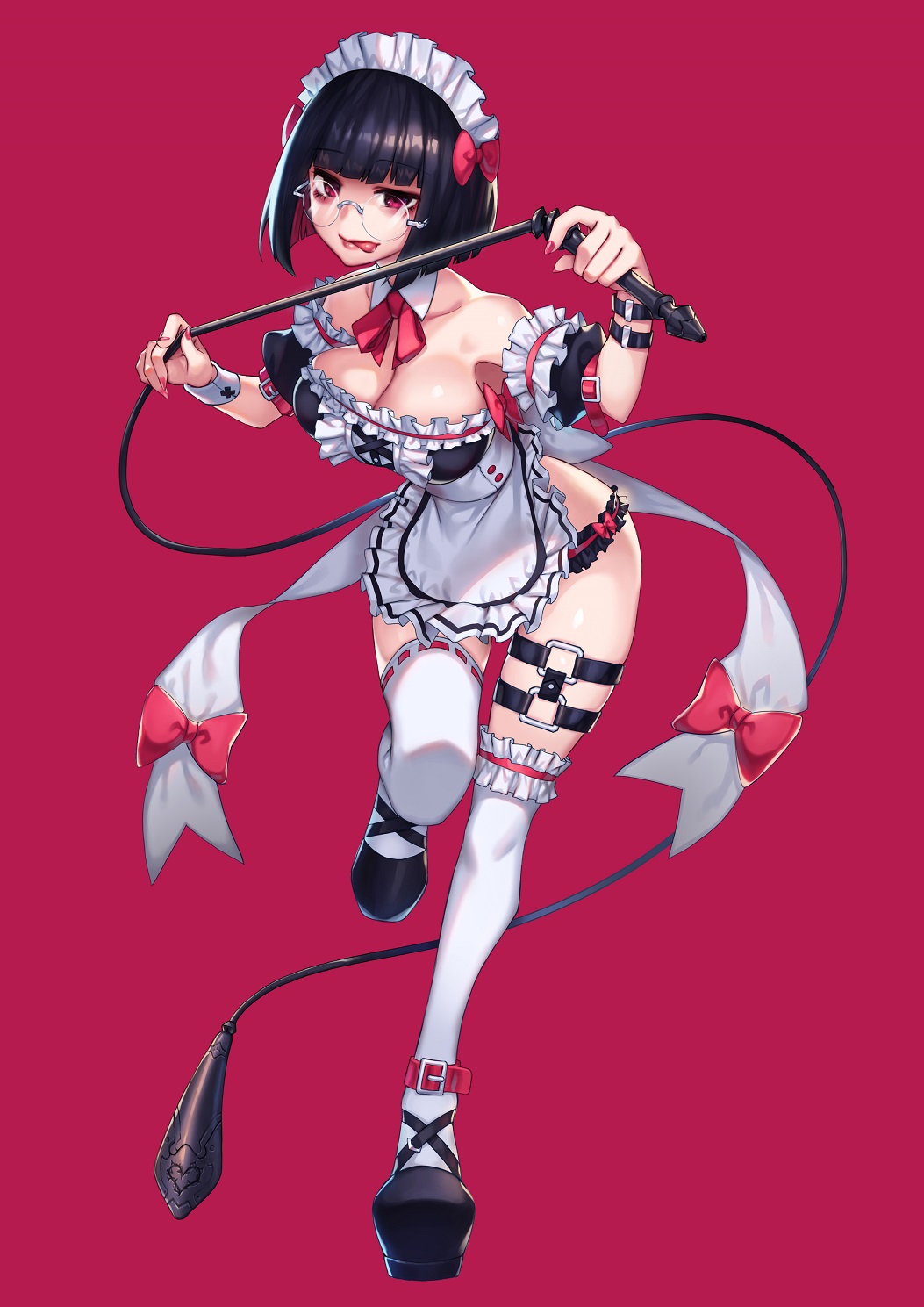 apron bow breasts buckle commentary_request doku-chan_(dokkudokudoku) frilled_apron frilled_legwear frills glasses high_heels highres maid original red_eyes short_hair solo standing thighhighs tongue tongue_out whip