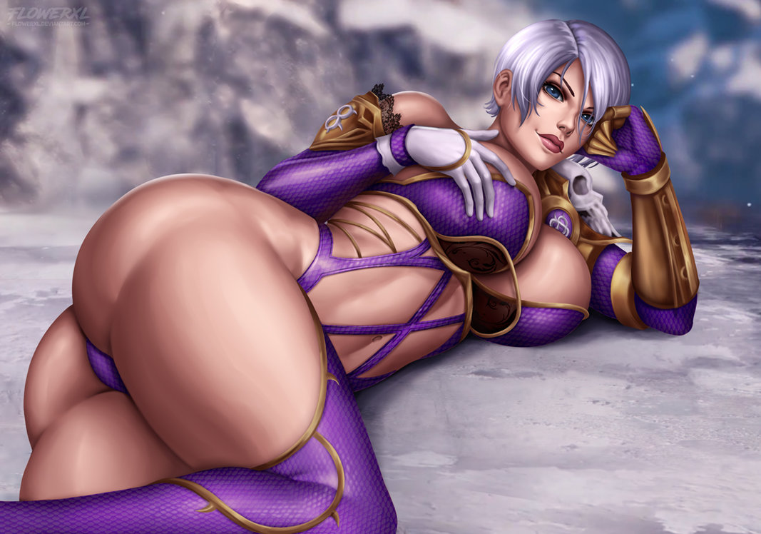 1girl armor ass bare_shoulders blue_eyes breasts cleavage curvy gauntlets hips huge_ass isabella_valentine large_breasts lips lying navel pauldrons pinup purple_legwear revealing_clothes short_hair sideboob silver_hair single_gauntlet smile solo soul_calibur stomach sword thick_thighs thighs underboob weapon white_hair wide_hips