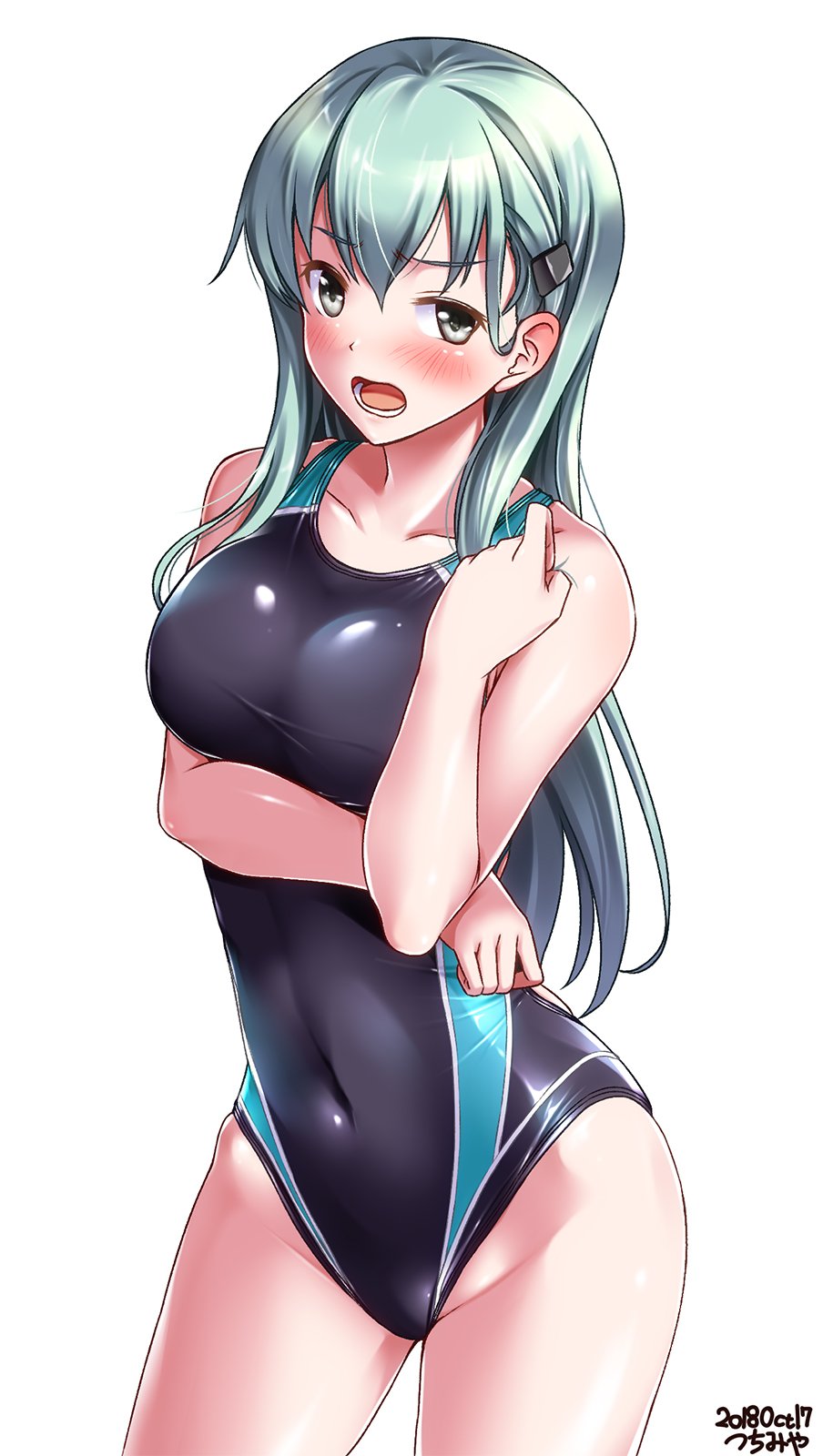 alternate_costume aqua_eyes aqua_hair arm_under_breasts bangs blush breasts commentary_request competition_swimsuit covered_navel cowboy_shot eyebrows_visible_through_hair groin hair_ornament hairclip hand_up highres kantai_collection large_breasts long_hair looking_at_viewer one-piece_swimsuit open_mouth sidelocks signature simple_background solo suzuya_(kantai_collection) swimsuit taut_clothes taut_swimsuit thighs tsuchimiya white_background