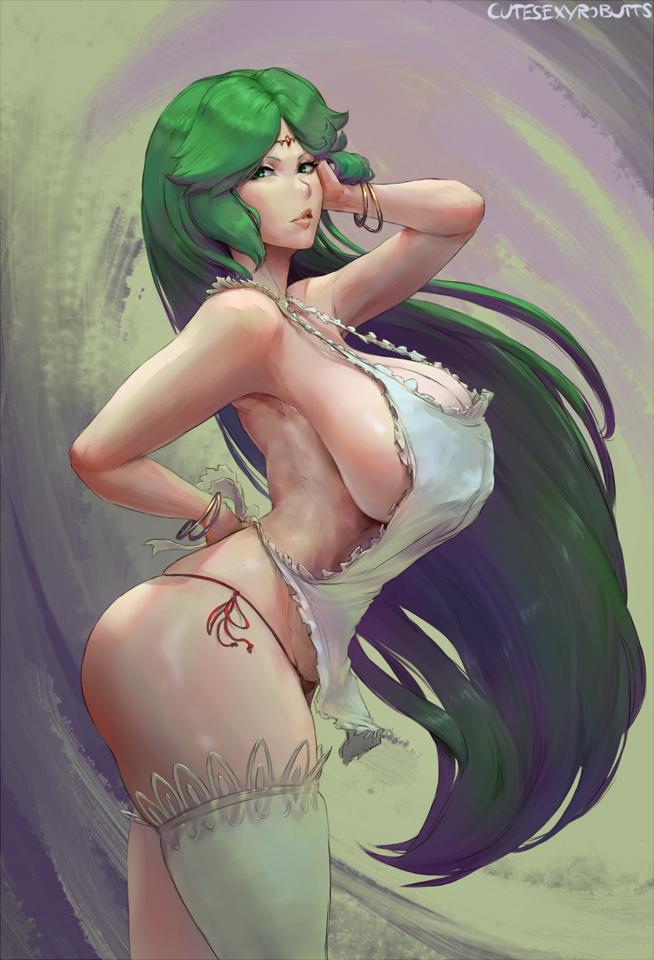apron arched_back arm_up artist_name ass bare_shoulders bracelet breasts commentary cutesexyrobutts green_eyes green_hairband hairband highres huge_breasts jewelry kid_icarus kid_icarus_uprising light_smile long_hair looking_at_viewer nearly_naked_apron palutena panties parted_lips red_panties side-tie_panties sideboob signature single_thighhigh thick_thighs thighhighs thighs underwear very_long_hair white_legwear
