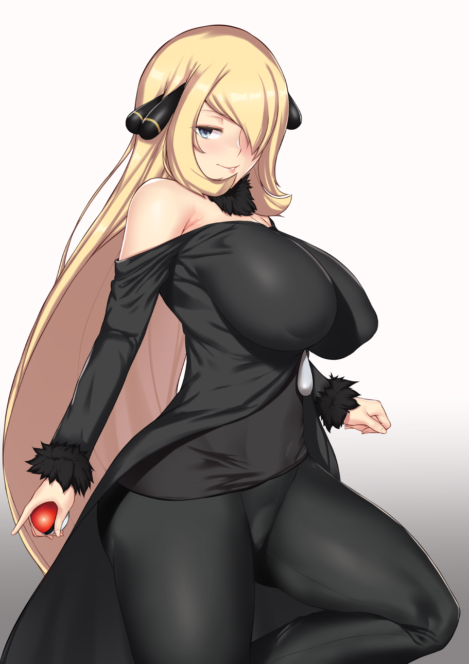 aster_crowley bare_shoulders blonde_hair blue_eyes breasts covered_nipples curvy hair_ornament hair_over_one_eye highres hips huge_breasts impossible_clothes leg_lift long_hair looking_at_viewer pokemon pokemon_(game) pokemon_dppt shirona_(pokemon) simple_background solo thick_thighs thighs very_long_hair white_background