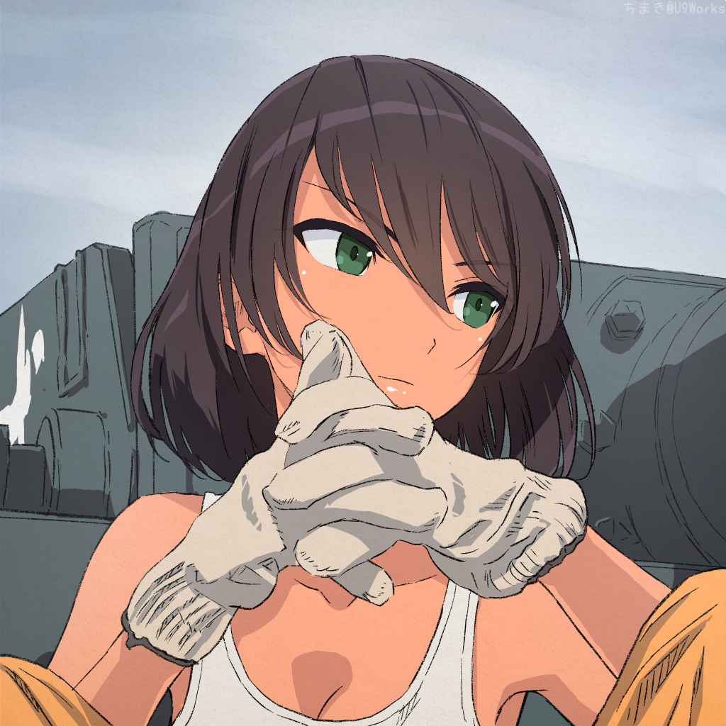 akagi_(fmttps) artist_name bangs breasts brown_hair cleavage closed_mouth commentary dark_skin day emblem eyebrows_visible_through_hair girls_und_panzer gloves green_eyes ground_vehicle hands_together hoshino_(girls_und_panzer) interlocked_fingers jumpsuit light_smile lips looking_to_the_side mechanic medium_dress military military_vehicle motor_vehicle orange_jumpsuit outdoors shirt short_hair sitting solo swept_bangs tank tank_top tiger_(p) twitter_username uniform white_gloves white_shirt