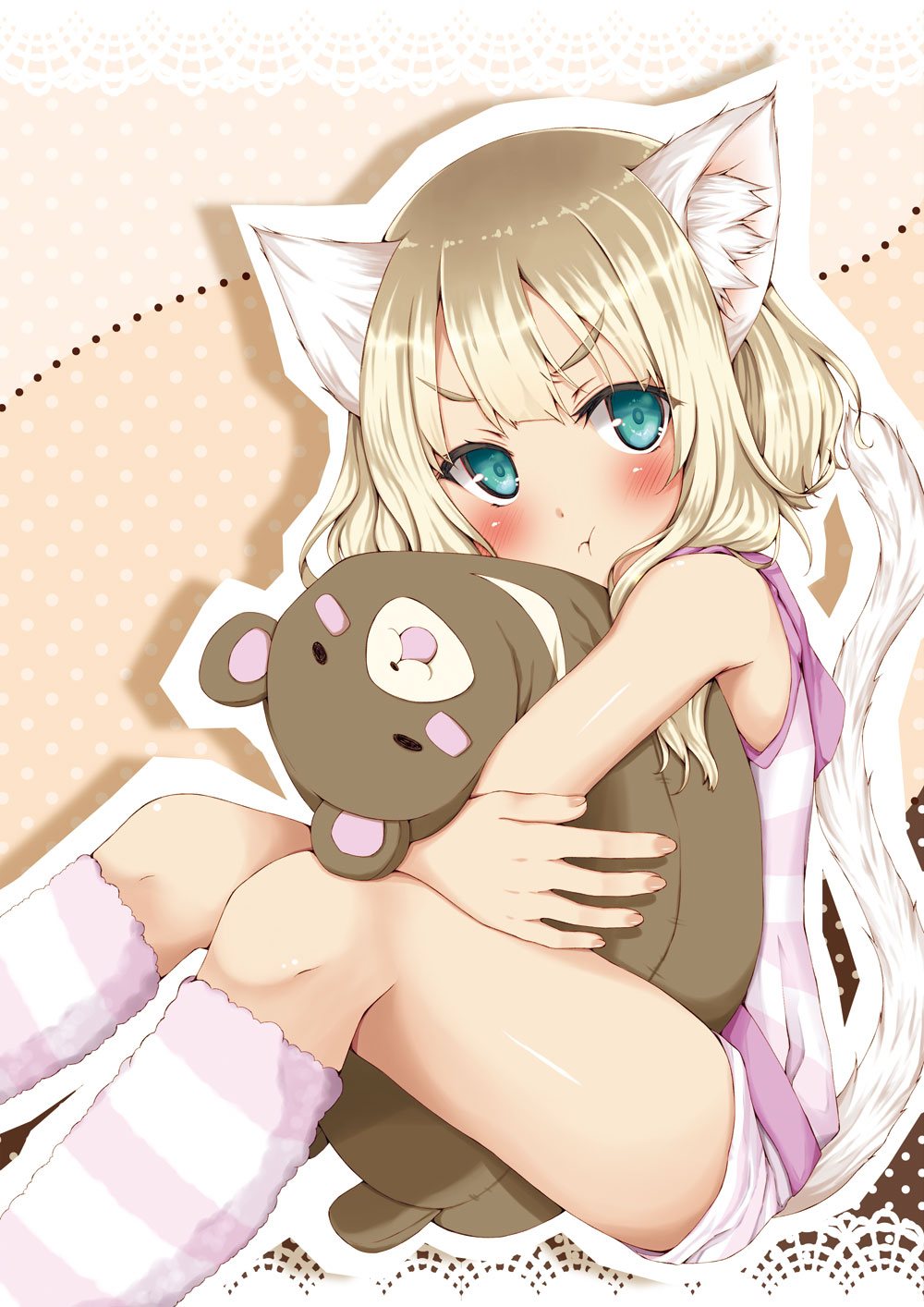 :t animal_ear_fluff animal_ears bangs bare_arms bare_shoulders blonde_hair blush brown_background camisole cat_ears cat_girl cat_tail closed_mouth eyebrows_visible_through_hair fingernails green_eyes highres kneehighs lace_border long_hair looking_at_viewer loungewear mitsuru_(habihapi) object_hug original polka_dot polka_dot_background pout short_shorts shorts sitting solo striped striped_camisole striped_legwear stuffed_animal stuffed_toy tail tail_raised teddy_bear two-tone_background v-shaped_eyebrows white_shorts