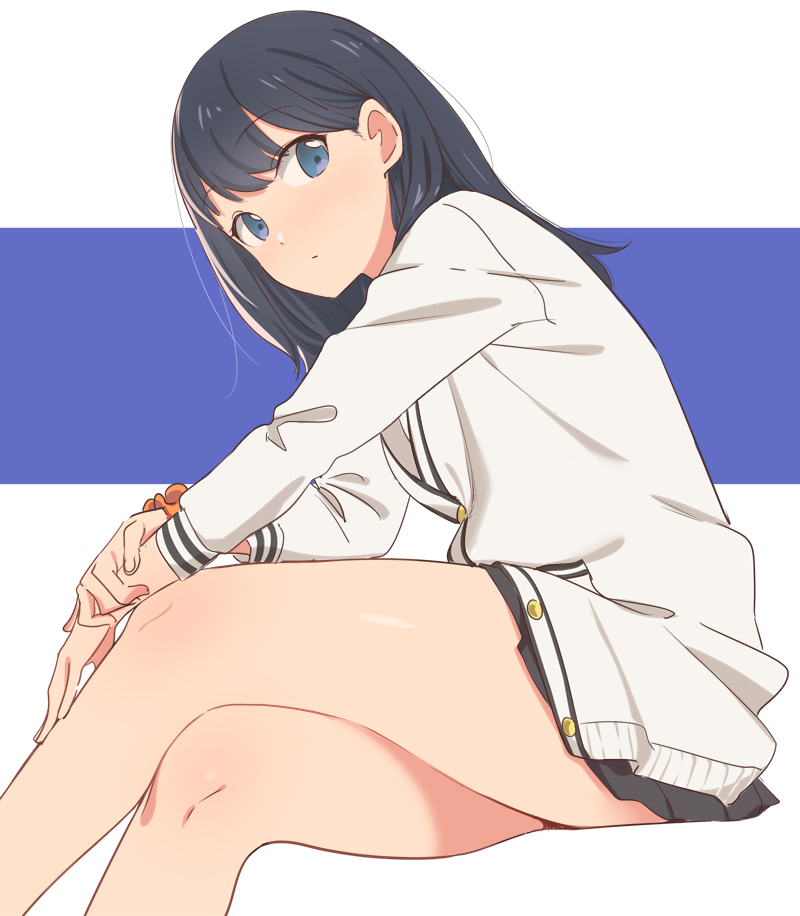 :| bangs black_hair blue_eyes closed_mouth crossed_legs expressionless eyebrows_visible_through_hair eyes_visible_through_hair from_side grey_skirt hair_behind_ear invisible_chair long_hair long_sleeves looking_at_viewer microskirt pleated_skirt school_uniform scrunchie sitting skirt solo ssss.gridman takarada_rikka thighs two-tone_background uto_ki_te white_background wrist_scrunchie