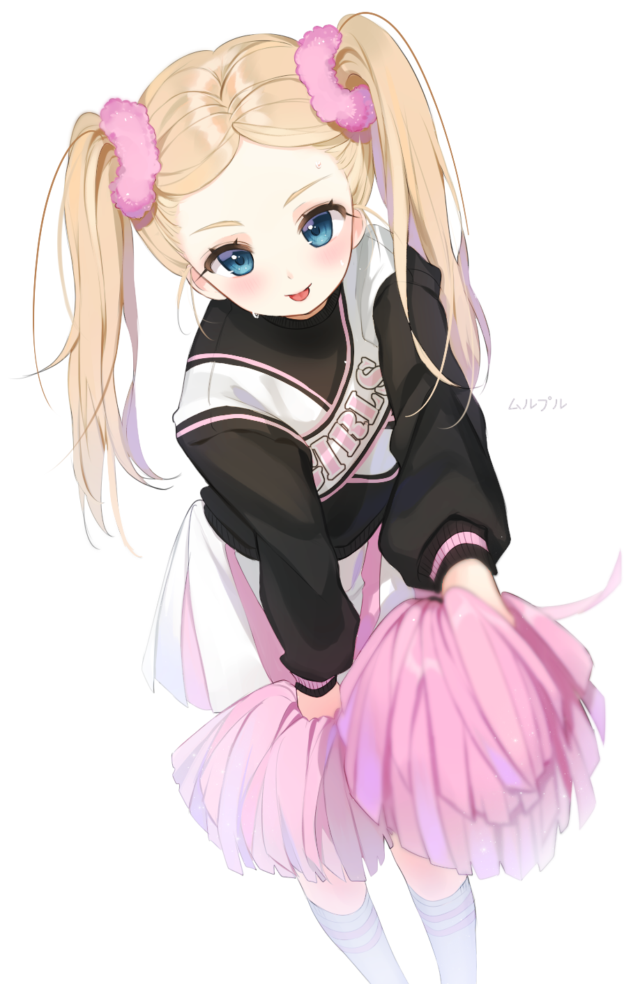 :p bangs black_shirt blonde_hair blue_eyes blurry blurry_foreground blush cheerleader closed_mouth clothes_writing commentary depth_of_field forehead hair_ornament hair_scrunchie head_tilt highres holding kneehighs long_hair long_sleeves looking_at_viewer mullpull original parted_bangs pink_scrunchie pleated_skirt pom_poms puffy_long_sleeves puffy_sleeves scrunchie shirt simple_background skirt smile solo standing sweat tongue tongue_out twintails white_background white_legwear white_skirt