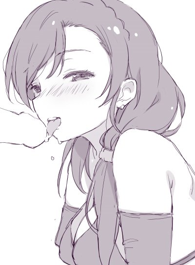 blush bra braid crown_braid deyuuku elbow_gloves fellatio from_side gloves hair_over_shoulder hetero licking licking_penis long_hair looking_at_viewer love_live! love_live!_school_idol_project low-tied_long_hair monochrome oral penis solo_focus tongue tongue_out toujou_nozomi underwear upper_teeth