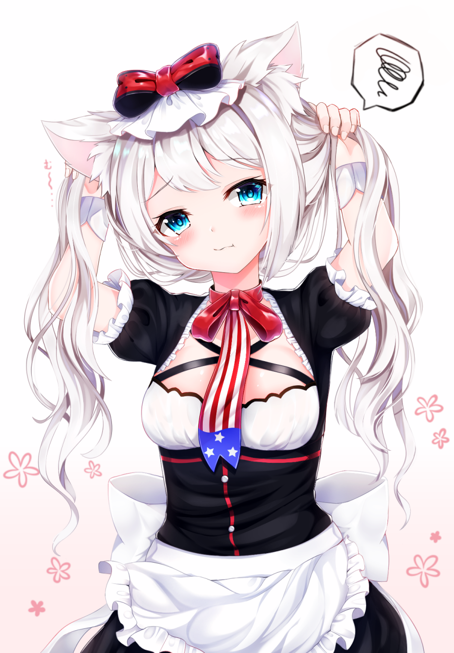 :t american_flag american_flag_print animal_ear_fluff animal_ears apron arms_up azur_lane bangs blue_eyes blush bow breasts brown_background bunching_hair cat_ears closed_mouth commentary_request eyebrows_visible_through_hair flag_print frilled_apron frills gradient gradient_background hair_bow hammann_(azur_lane) head_tilt heart highres long_hair looking_at_viewer nya_rl pout print_neckwear red_bow silver_hair small_breasts solo spoken_squiggle squiggle twintails very_long_hair waist_apron white_apron white_background white_bow wrist_cuffs