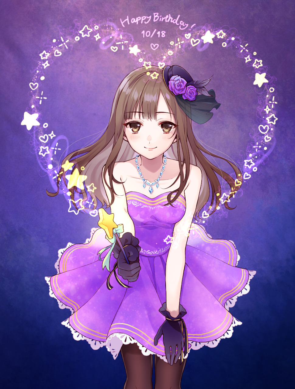 bare_shoulders black_gloves black_hat blue_background blush brown_eyes brown_hair brown_legwear chisumi closed_mouth collarbone commentary_request dated dress flower gloves gradient gradient_background hand_on_leg happy_birthday hat hat_flower heart highres holding holding_wand idolmaster idolmaster_cinderella_girls jewelry long_hair mizumoto_yukari pantyhose pendant pleated_dress purple_background purple_dress purple_flower purple_rose rose smile solo star strapless strapless_dress tilted_headwear wand
