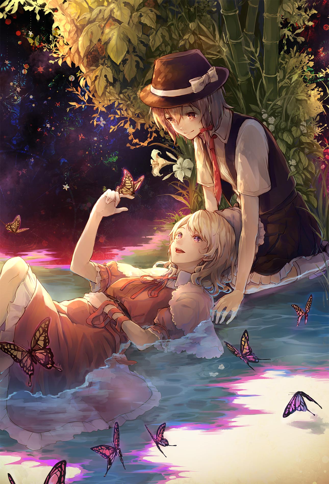 bamboo belt blonde_hair bow brown_hair bug butterfly capelet commentary_request dress fedora frilled_skirt frills gensou_aporo hat hat_bow highres insect lap_pillow maribel_hearn mob_cap multiple_girls neck_ribbon necktie no_hat no_headwear partially_submerged plant pleated_skirt purple_dress ribbon seiza shirt short_hair short_sleeves sitting skirt touhou usami_renko vest water white_bow white_legwear white_shirt
