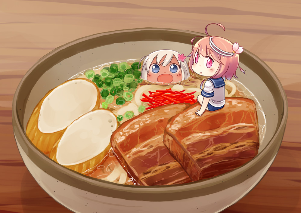 ahoge bangs bowl chibi commentary_request eyebrows_visible_through_hair flower food hair_flower hair_ornament hinata_yuu i-58_(kantai_collection) in_food kantai_collection looking_at_viewer meat minigirl multiple_girls noodles one-piece_swimsuit open_mouth partially_submerged pink_eyes pink_hair ramen ro-500_(kantai_collection) school_swimsuit school_uniform serafuku short_hair sitting sitting_on_food spring_onion swimsuit swimsuit_under_clothes water white_hair
