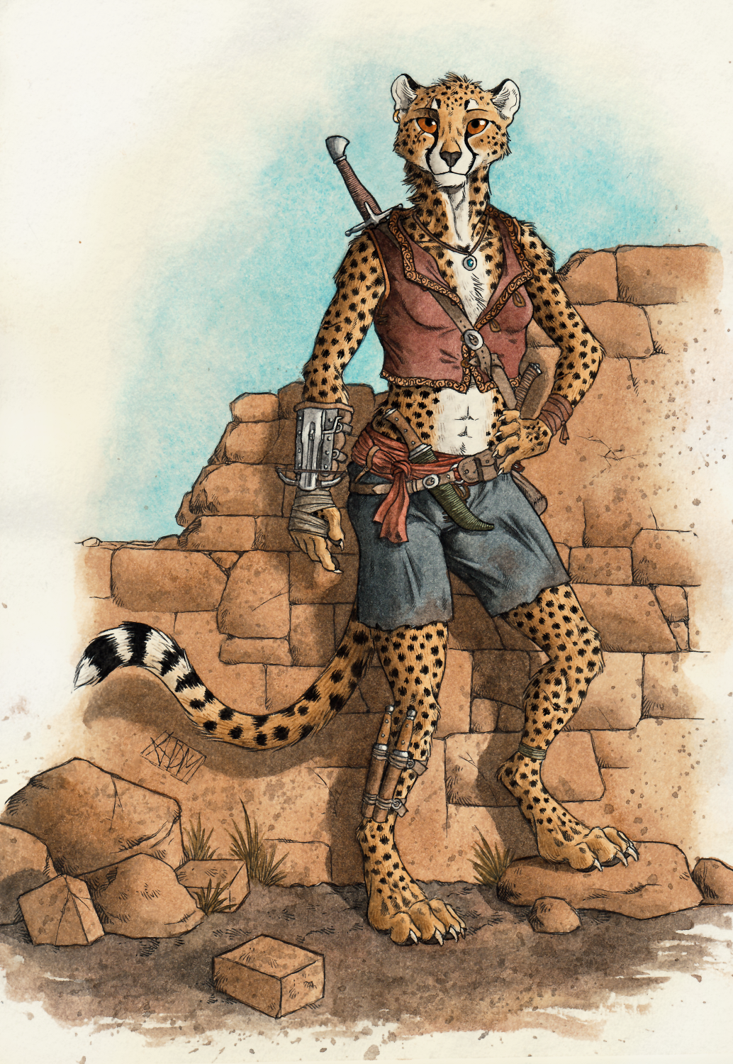 0laffson 2018 4_toes 5_fingers anthro barefoot black_nose breasts brown_eyes cheetah clothed clothing digitigrade feline female fur looking_at_viewer mammal melee_weapon smile solo spots spotted_fur sword toes traditional_media_(artwork) weapon