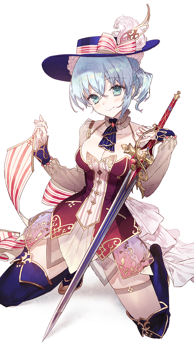 atelier_(series) back_bow blue_eyes blue_hat blue_legwear bow breasts choker cleavage closed_mouth detached_sleeves full_body hat hat_bow highres kneeling looking_at_viewer medium_breasts nelke_to_densetsu_no_renkinjutsushi_tachi nelke_von_luchetam noco_(adamas) official_art short_hair side_ponytail silver_hair skirt smile solo striped striped_bow sword thighhighs transparent_background weapon white_skirt white_sleeves zettai_ryouiki