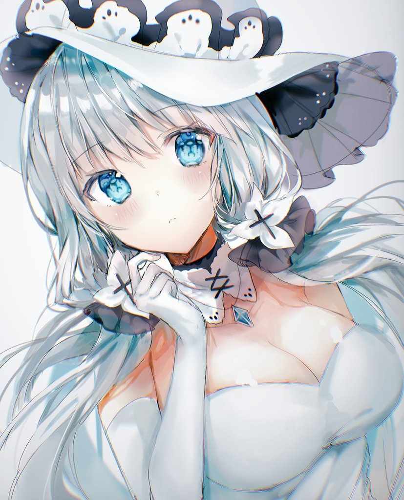 azur_lane bad_id bad_pixiv_id bangs blue_eyes blush breasts cleavage closed_mouth dress elbow_gloves eyebrows_visible_through_hair gloves hat illustrious_(azur_lane) large_breasts long_hair looking_at_viewer ptmko_d solo strapless strapless_dress sun_hat white_dress white_gloves white_hair white_hat