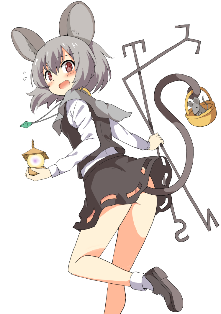 :o animal_ears ass basket bishamonten's_pagoda black_skirt black_vest blush capelet eyebrows_visible_through_hair flying_sweatdrops grey_capelet grey_footwear grey_hair jewelry long_sleeves looking_at_viewer looking_back mouse mouse_ears mouse_tail nazrin no_panties pendant red_eyes shirt shoes short_hair simple_background skirt socks solo standing standing_on_one_leg tail taishi_(moriverine) touhou vest white_background white_hair white_legwear white_shirt