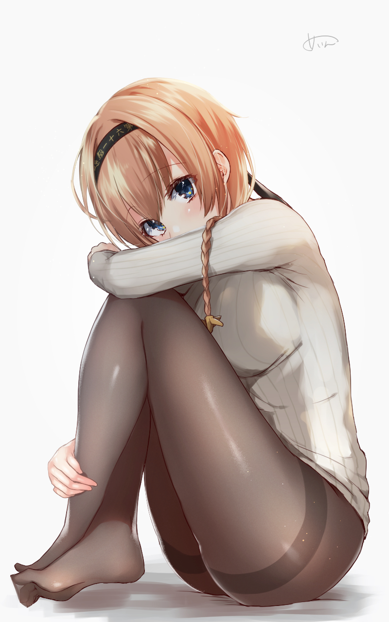 ass black_headband black_skirt blue_eyes blush braid breasts crossed_legs eyebrows_visible_through_hair from_side full_body grey_sweater hair_ornament hand_on_leg headband highres kantai_collection large_breasts light_brown_hair long_sleeves looking_at_viewer no_shoes pantyhose pleated_skirt propeller_hair_ornament ribbed_sweater sakiryo_kanna shadow signature skirt solo striped striped_skirt sweater teruzuki_(kantai_collection) thighband_pantyhose white_background