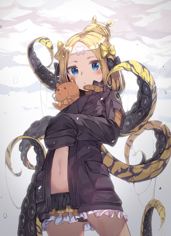 abigail_williams_(fate/grand_order) bangs black_bow black_panties blonde_hair blue_eyes blush bow closed_mouth coat commentary crossed_bandaids fate/grand_order fate_(series) forehead frilled_skirt frills heroic_spirit_traveling_outfit holding holding_stuffed_animal long_hair long_sleeves looking_at_viewer miniskirt navel newey open_clothes open_coat panties pantyshot pantyshot_(standing) parted_bangs skirt sleeves_past_fingers sleeves_past_wrists solo standing stuffed_animal stuffed_toy suction_cups teddy_bear tentacles underwear yellow_bow