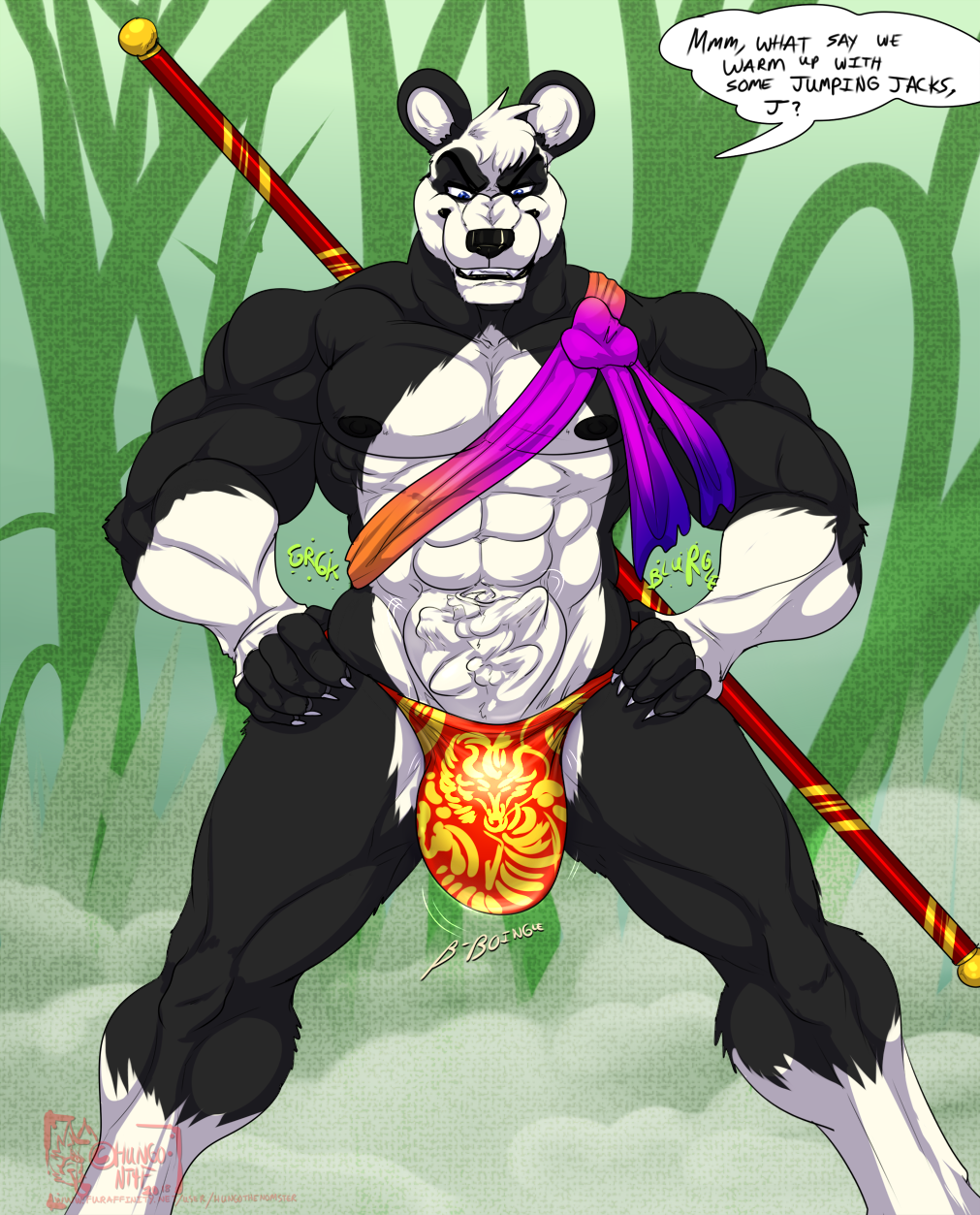 2018 5_fingers abs anthro bear biceps black_fur black_nose black_skin blue_eyes bulge canine claws duo english_text eyebrows fingerless_(marking) fur hair hungothenomster male mammal markings micro multicolored_fur multicolored_skin muscular muscular_male muscular_thighs nipples oral_vore panda pecs pose post_vore size_difference socks_(marking) solo speech_bubble standing text two_tone_fur two_tone_skin vore white_fur white_hair white_skin wolf