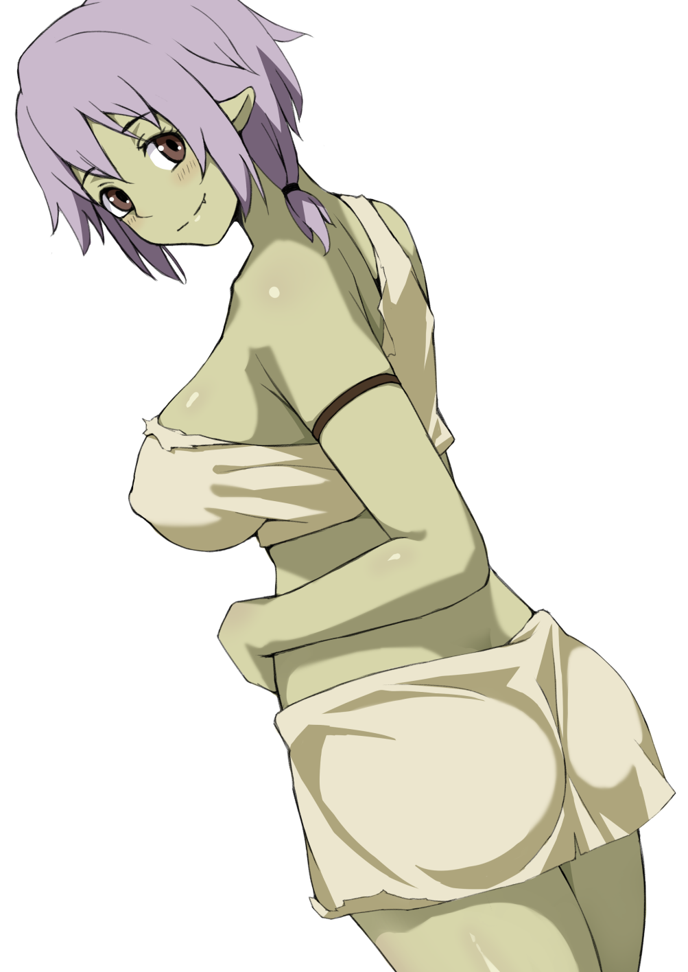 armlet ass bare_shoulders blush breasts brown_eyes commentary_request covered_nipples crop_top fang goblin haruna_(tensei_shitara_slime_datta_ken) highres kamegawara_nikuo large_breasts looking_at_viewer monster_girl no_bra pointy_ears purple_hair side_ponytail sideboob skirt solo tensei_shitara_slime_datta_ken