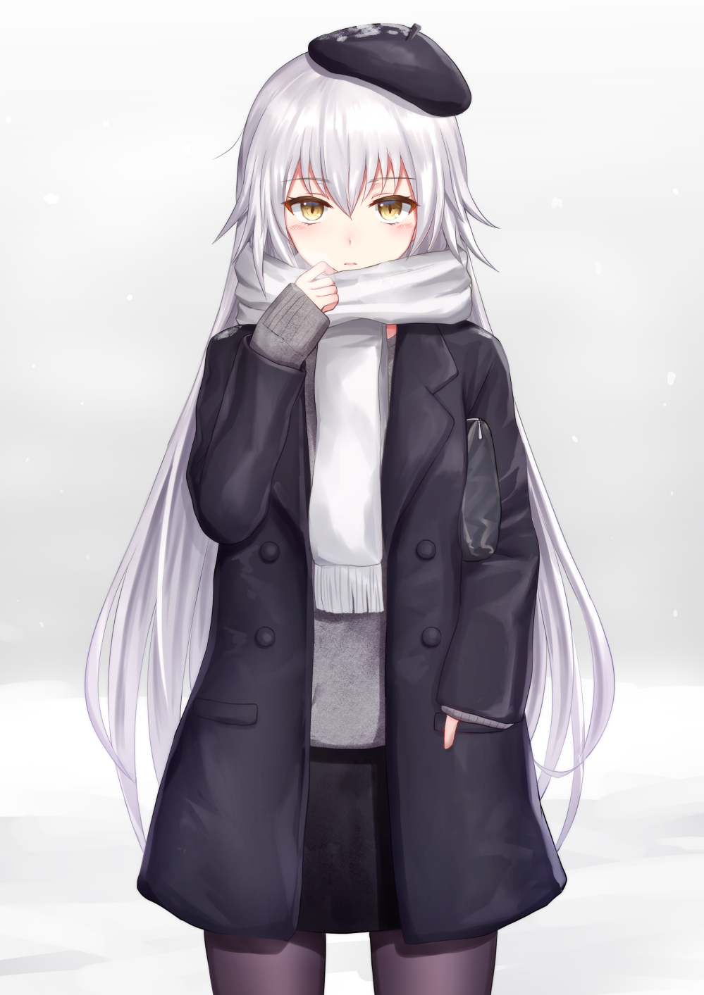 bag bangs beret black_coat black_hat black_skirt blush breath brown_eyes brown_legwear coat cowboy_shot eyebrows_visible_through_hair fate/grand_order fate_(series) fringe_trim gradient gradient_background grey_background grey_sweater hair_between_eyes hand_in_pocket hand_up handbag hat highres jeanne_d'arc_(alter)_(fate) jeanne_d'arc_(fate)_(all) long_hair long_sleeves md5_mismatch open_clothes open_coat pantyhose parted_lips scarf seungju_lee silver_hair skirt sleeves_past_wrists snow solo standing sweater tilted_headwear very_long_hair white_scarf